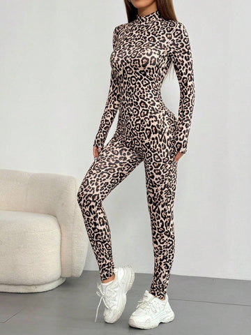 Leopard Print Stand Collar Long Sleeve Jumpsuit