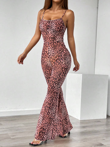 Leopard Print Vintage Flared Jumpsuit With Suspenders