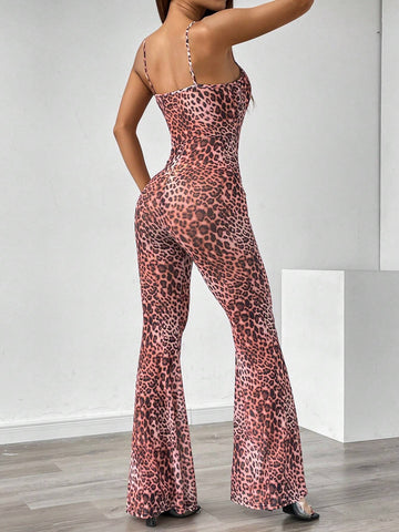 Leopard Print Vintage Flared Jumpsuit With Suspenders