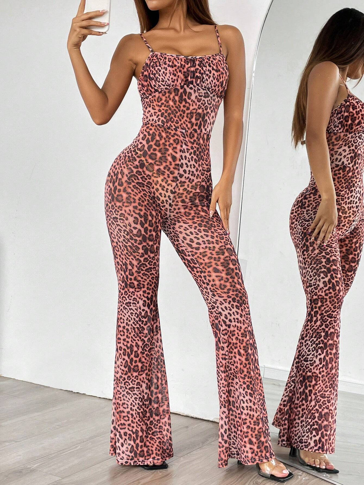 Leopard Print Vintage Flared Jumpsuit With Suspenders