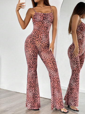Leopard Print Vintage Flared Jumpsuit With Suspenders