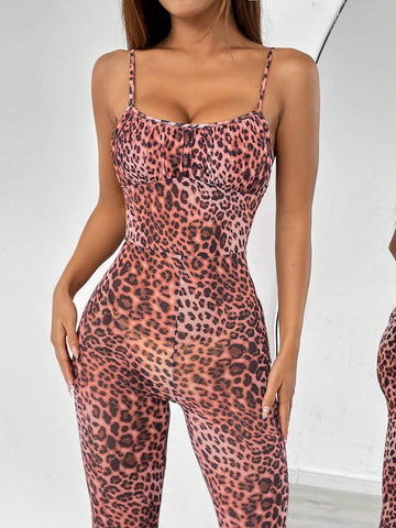 Leopard Print Vintage Flared Jumpsuit With Suspenders