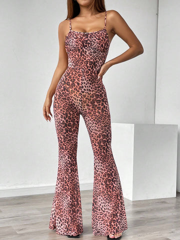 Leopard Print Vintage Flared Jumpsuit With Suspenders