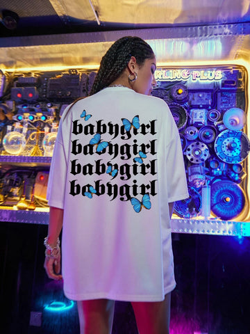 EZwear Letter And Butterfly Print Oversized Tee
