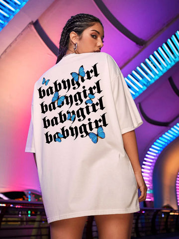 EZwear Letter And Butterfly Print Oversized Tee