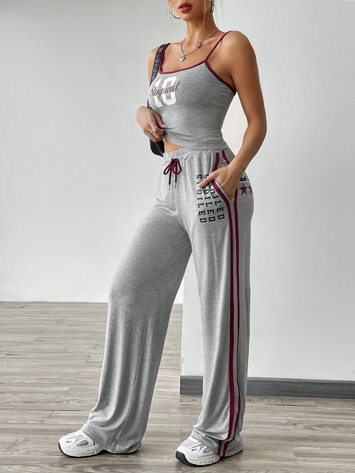 Letter And Number Print Cami Top And Striped Side Pants Two-Piece Set