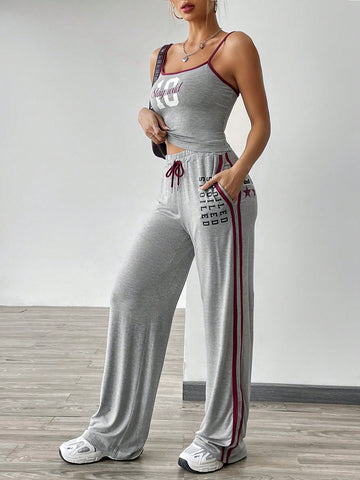 Letter And Number Print Cami Top And Striped Side Pants Two-Piece Set