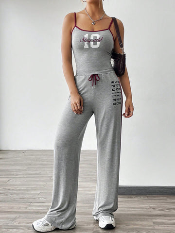 Letter And Number Print Cami Top And Striped Side Pants Two-Piece Set