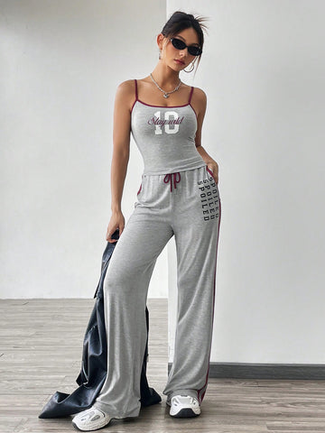 Letter And Number Print Cami Top And Striped Side Pants Two-Piece Set