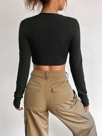 Letter Embroidery Cut Out Front Crop Tee