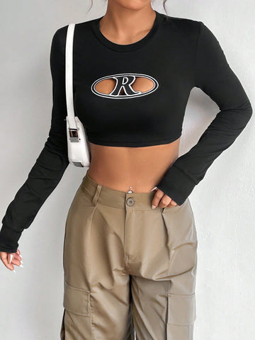 Letter Embroidery Cut Out Front Crop Tee