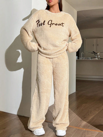 Letter Embroidery Drop Shoulder Teddy Pullover & Pants