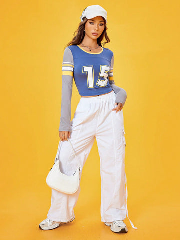 Letter Graphic Colorblock Crop Tee