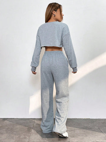 Letter Graphic Drop Shoulder Crop Sweatshirt & Drawstring Waist Sweatpants