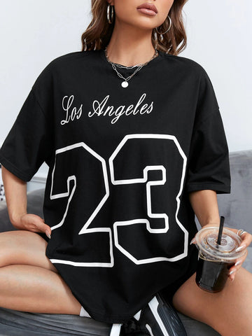 Letter Graphic Drop Shoulder Oversized Tee-Black