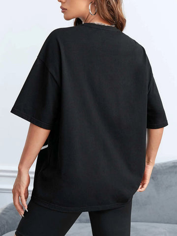 Letter Graphic Drop Shoulder Oversized Tee-Black