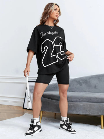 Letter Graphic Drop Shoulder Oversized Tee-Black