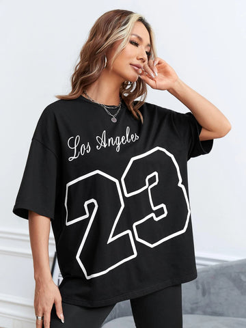 Letter Graphic Drop Shoulder Oversized Tee-Black