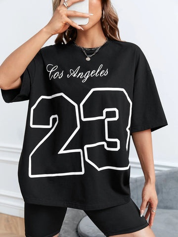Letter Graphic Drop Shoulder Oversized Tee-Black