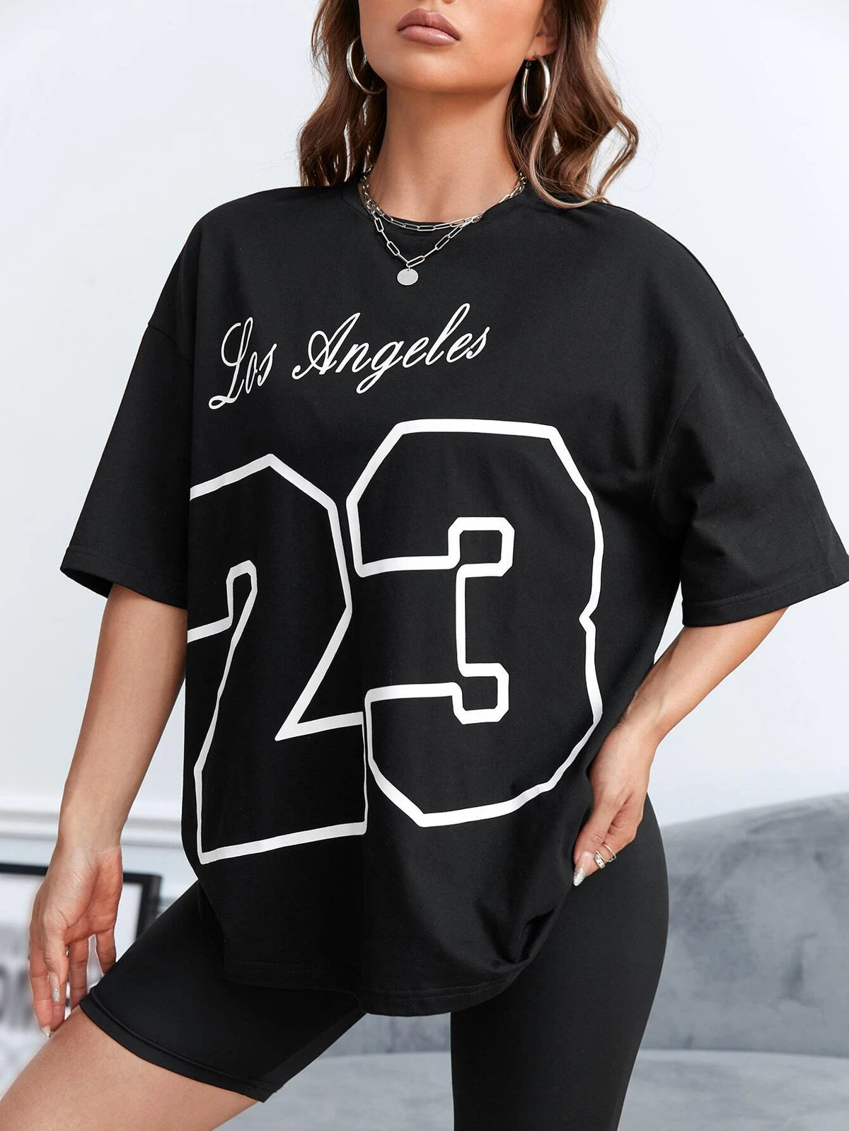 Letter Graphic Drop Shoulder Oversized Tee-Black