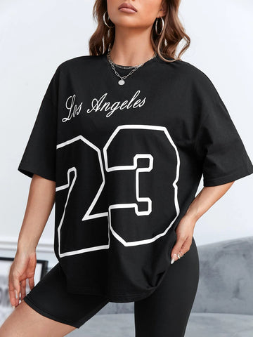 Letter Graphic Drop Shoulder Oversized Tee-Black