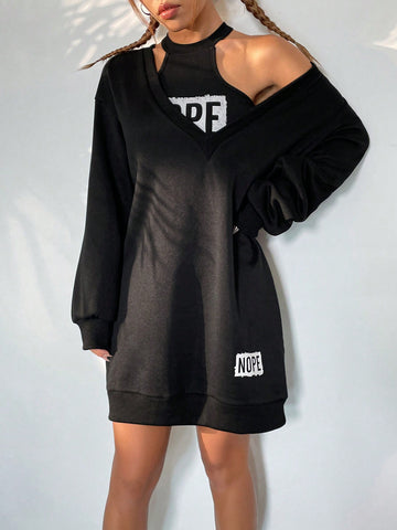 Letter Graphic Drop Shoulder Sweatshirt Dress & Crop Halter Top