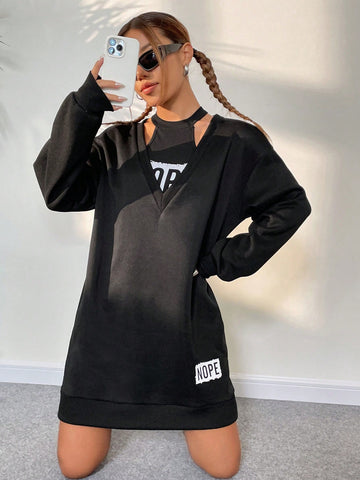 Letter Graphic Drop Shoulder Sweatshirt Dress & Crop Halter Top
