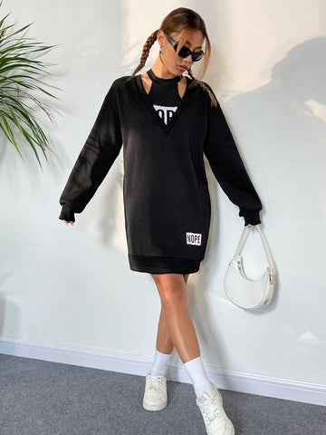 Letter Graphic Drop Shoulder Sweatshirt Dress & Crop Halter Top