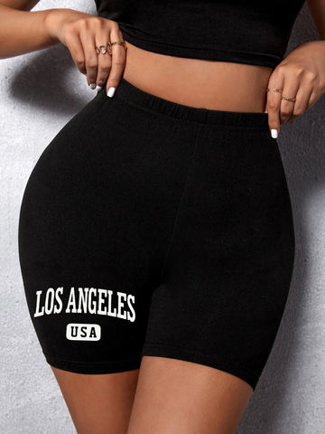 EZwear Letter Graphic Elastic Waist Biker Shorts