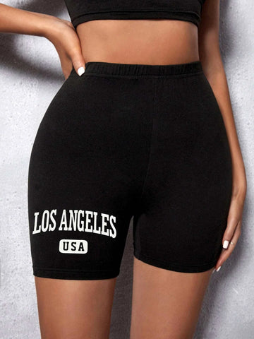 EZwear Letter Graphic Elastic Waist Biker Shorts