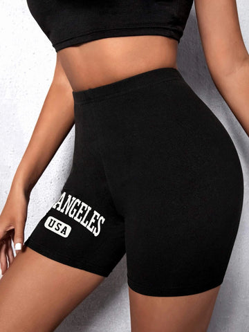 EZwear Letter Graphic Elastic Waist Biker Shorts