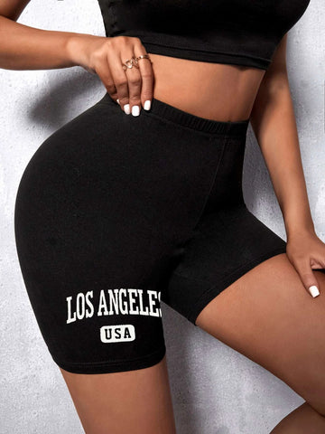 EZwear Letter Graphic Elastic Waist Biker Shorts