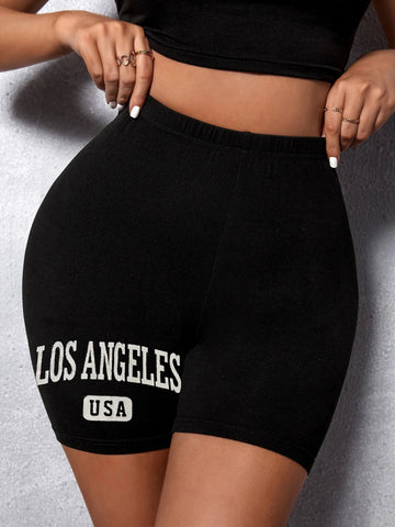 EZwear Letter Graphic Elastic Waist Biker Shorts