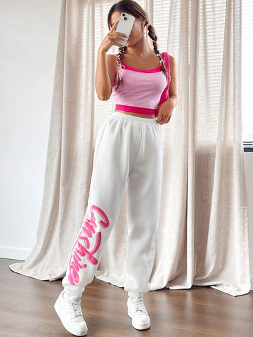 EZwear Letter Graphic Elastic Waist Sweatpants