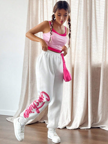 EZwear Letter Graphic Elastic Waist Sweatpants