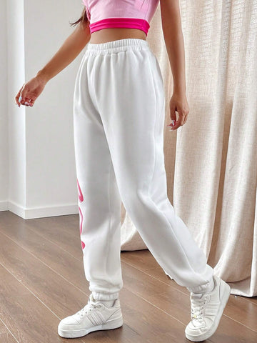 EZwear Letter Graphic Elastic Waist Sweatpants