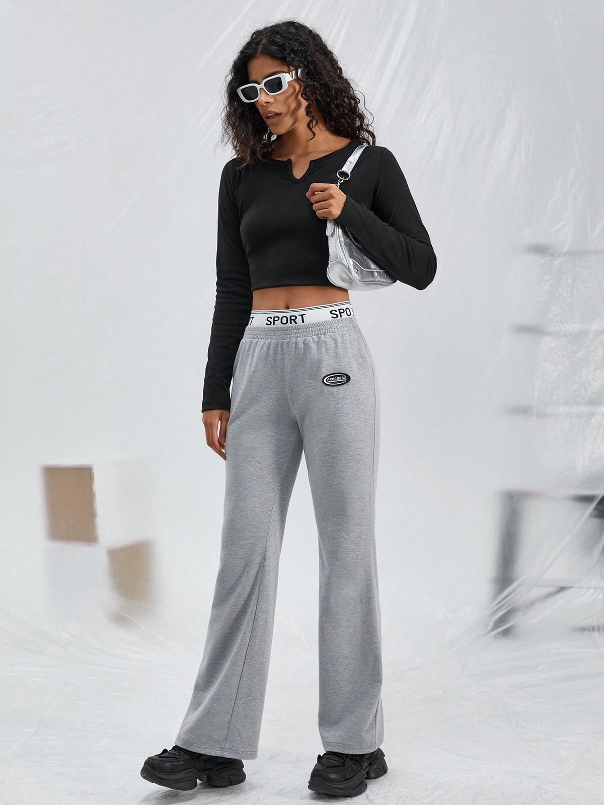 EZwear Letter Graphic Patched Detail Flare Leg Sweatpants