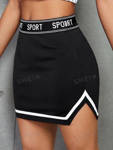 EZwear Letter Graphic Slit Hem Skirt