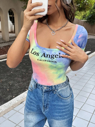 Letter Graphic Tie Dye Square Neck Bodysuit