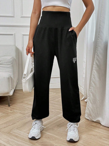 EZwear Letter Graphic Wideband Waist Slant Pocket Sweatpants