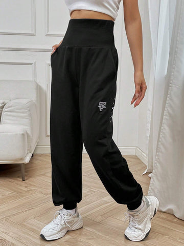 EZwear Letter Graphic Wideband Waist Slant Pocket Sweatpants