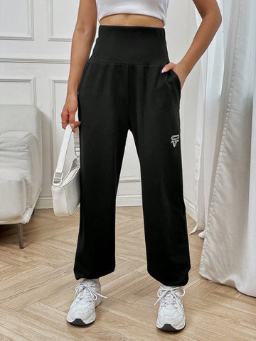 EZwear Letter Graphic Wideband Waist Slant Pocket Sweatpants