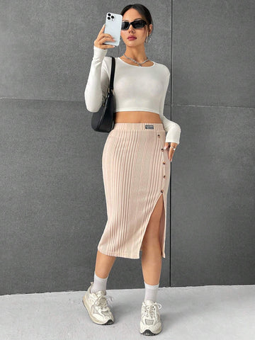 EZwear Letter Patched Detail Button Front Split Thigh Ribbed Knit Skirt