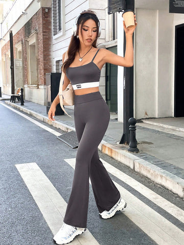 Letter Patched Detail Crop Cami Top & Grey Flare Leggings Tracksuit Sets
