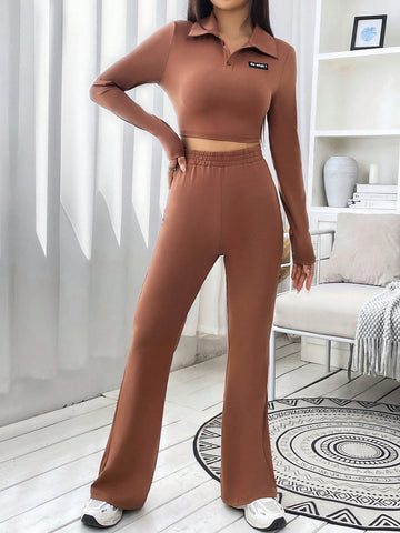 Letter Patched Detail Polo Neck Crop Tee & Flare Leg Pants