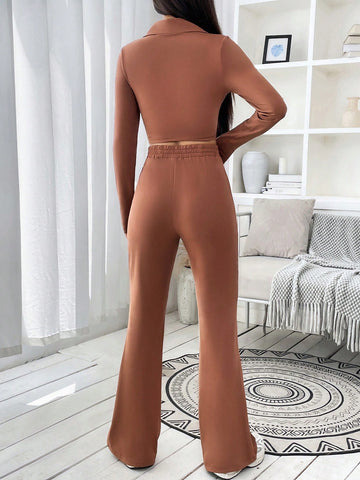 Letter Patched Detail Polo Neck Crop Tee & Flare Leg Pants