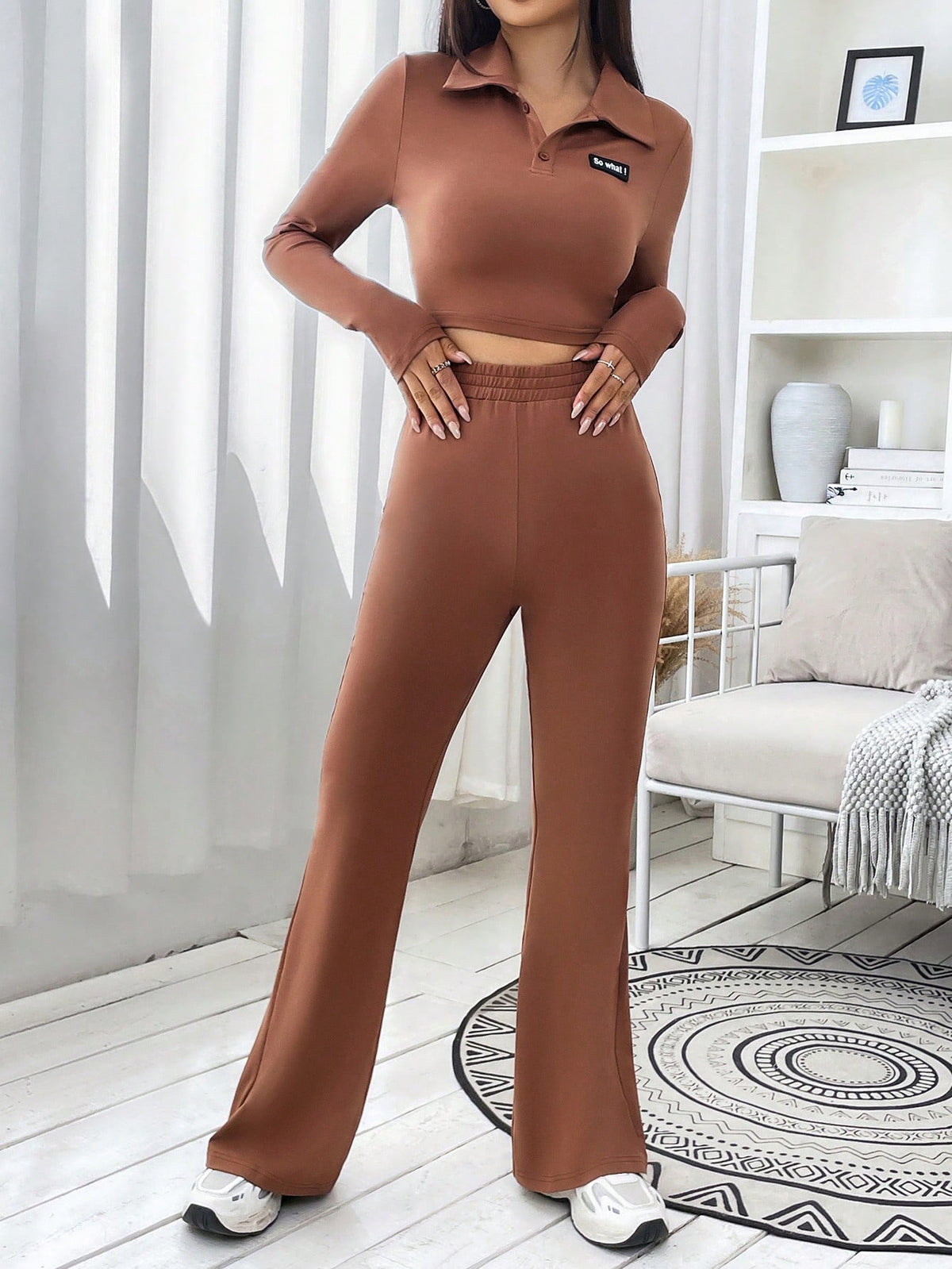 Letter Patched Detail Polo Neck Crop Tee & Flare Leg Pants