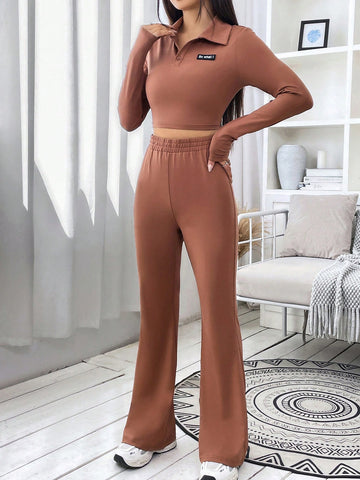 Letter Patched Detail Polo Neck Crop Tee & Flare Leg Pants