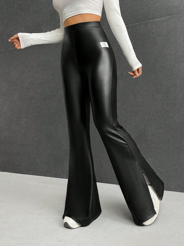 EZwear Letter Patched Detail Split Hem Flare Leg Pants