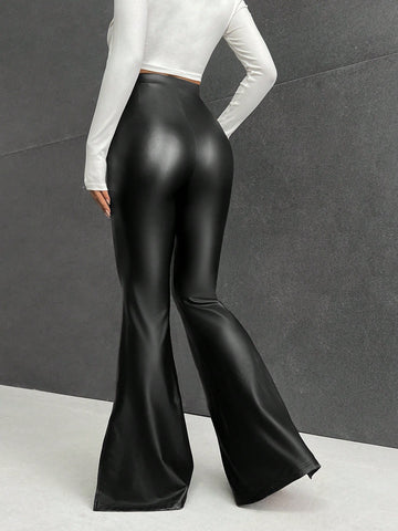 EZwear Letter Patched Detail Split Hem Flare Leg Pants